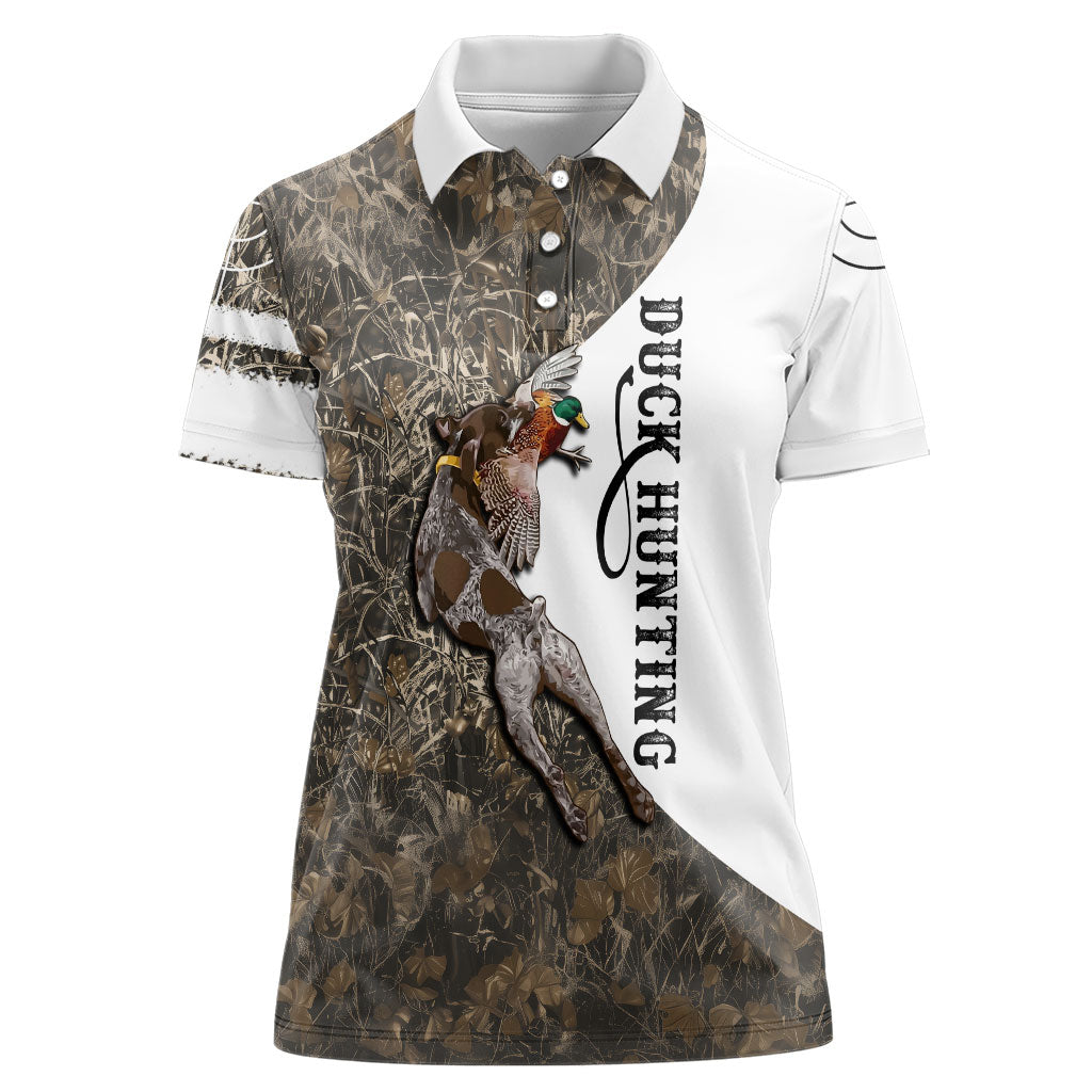Duck Hunting Retriever Women Polo Shirt Mallard Shotgun Hunt with Camouflage Marsh Dog Artwork