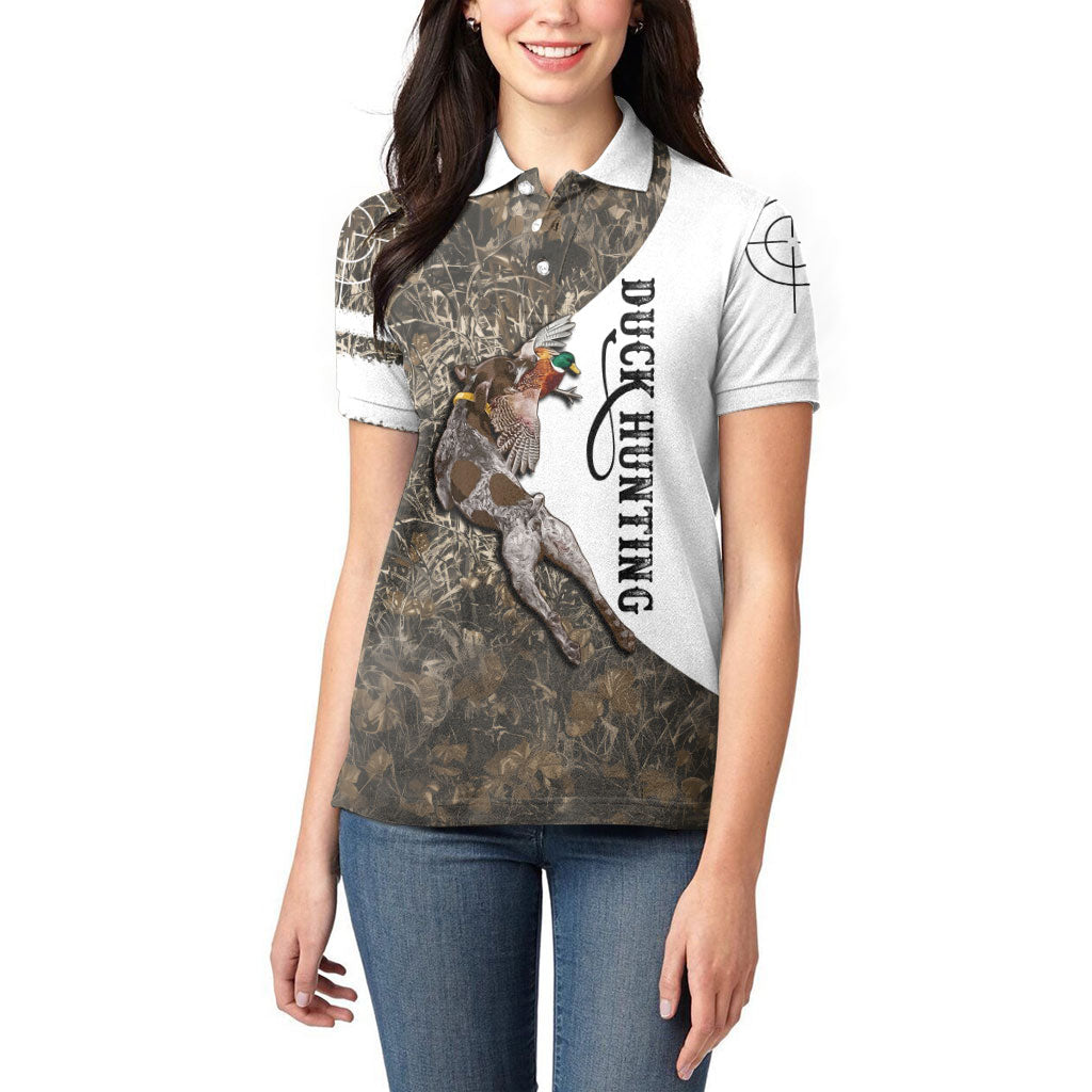 Duck Hunting Retriever Women Polo Shirt Mallard Shotgun Hunt with Camouflage Marsh Dog Artwork