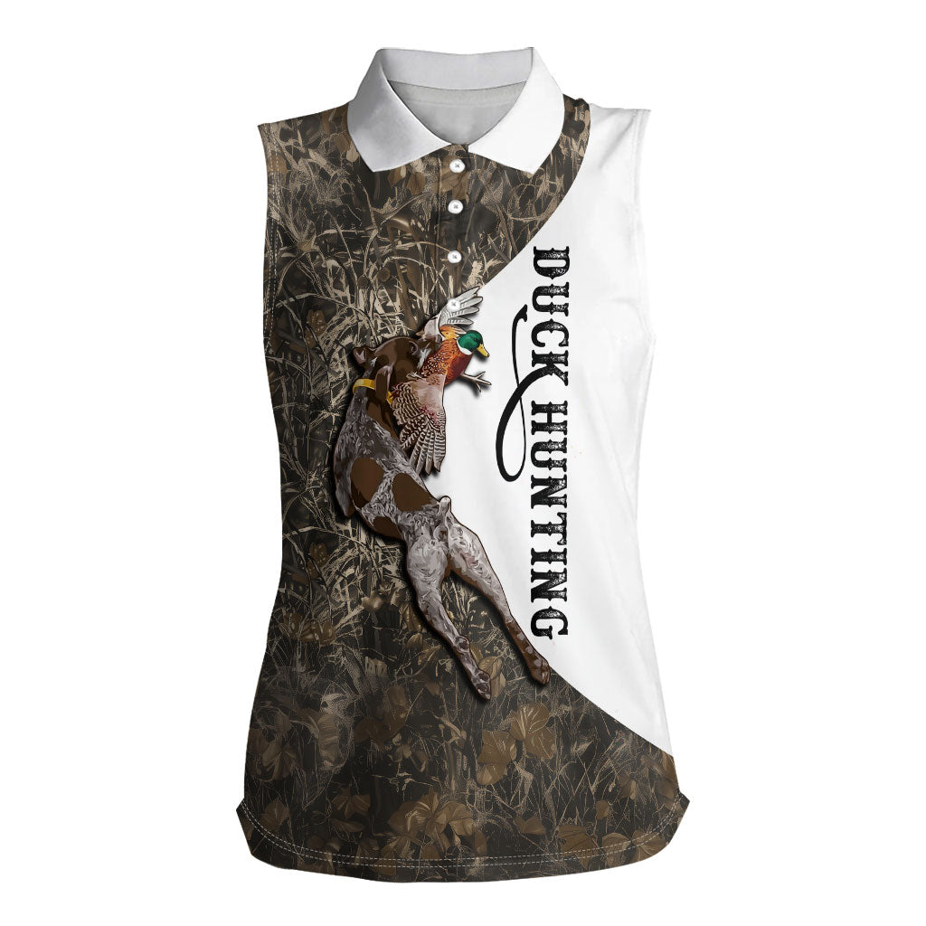 Duck Hunting Retriever Women Sleeveless Polo Shirt Mallard Shotgun Hunt with Camouflage Marsh Dog Artwork