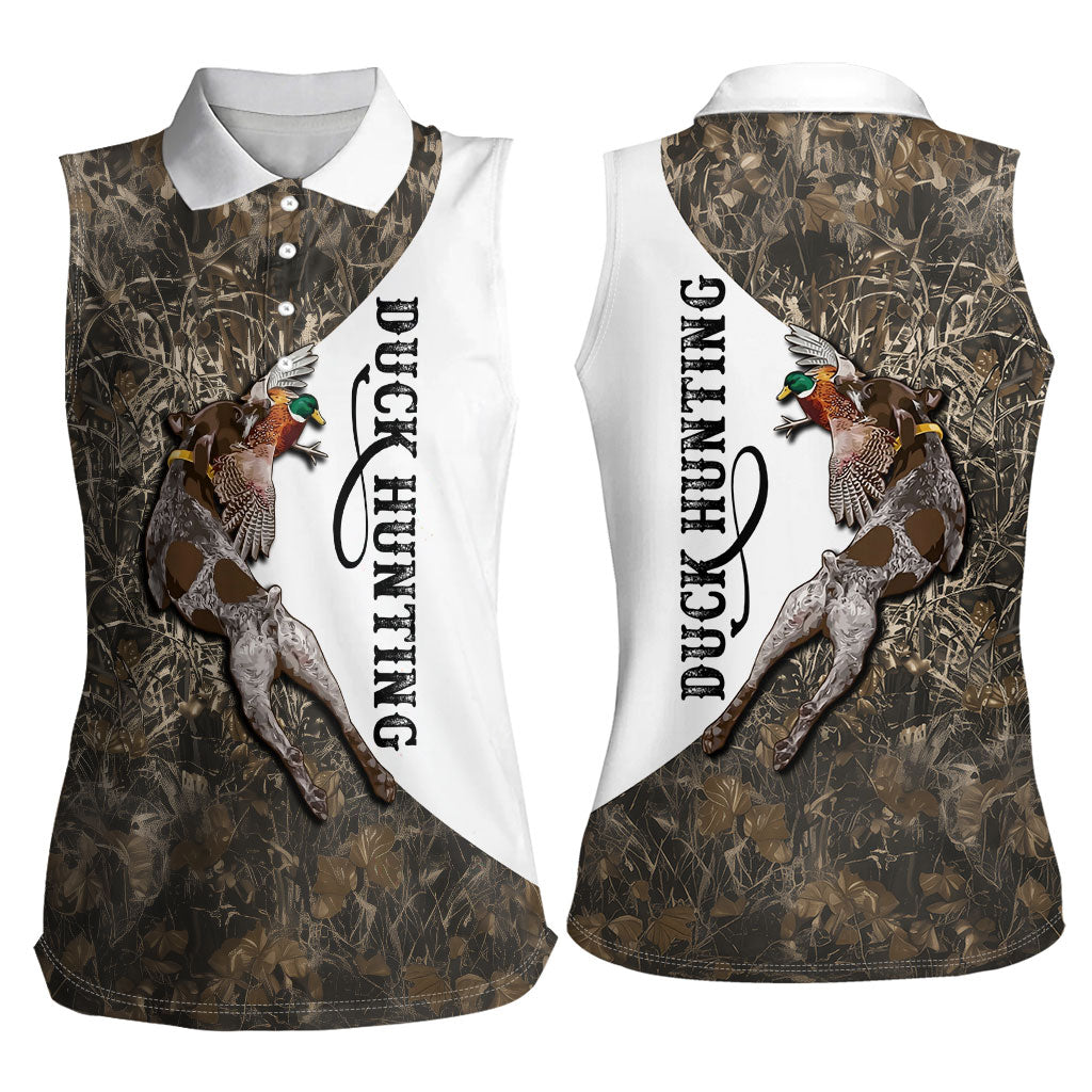 Duck Hunting Retriever Women Sleeveless Polo Shirt Mallard Shotgun Hunt with Camouflage Marsh Dog Artwork