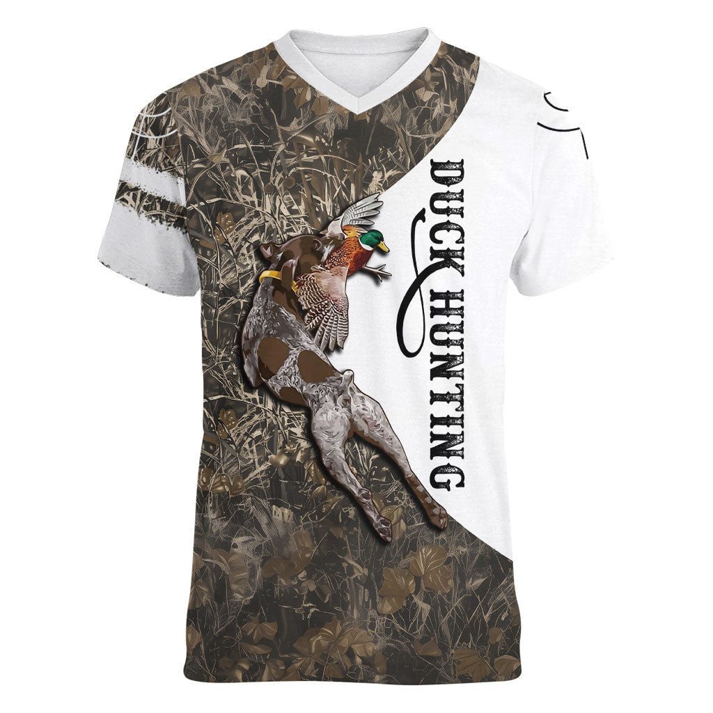Duck Hunting Retriever Women V-Neck T-Shirt Mallard Shotgun Hunt with Camouflage Marsh Dog Artwork