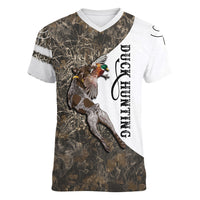 Duck Hunting Retriever Women V-Neck T-Shirt Mallard Shotgun Hunt with Camouflage Marsh Dog Artwork