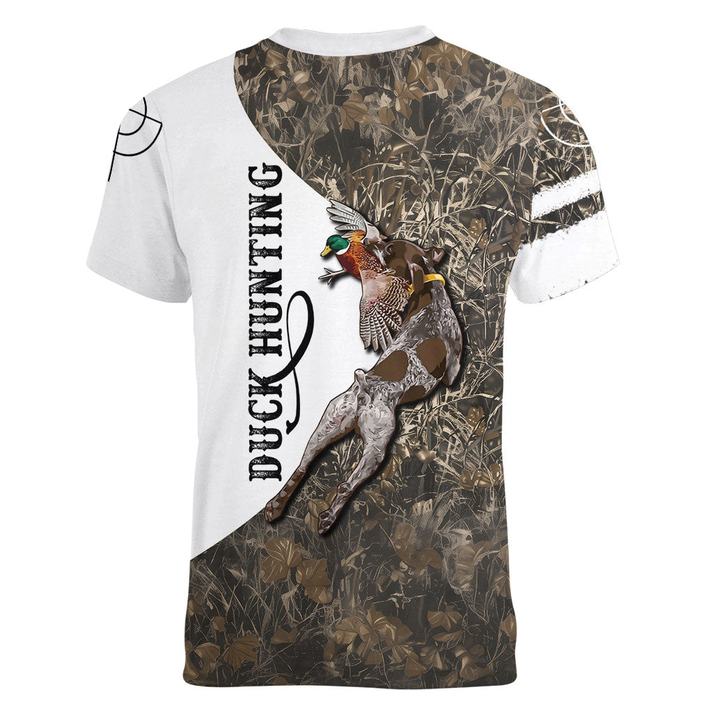 Duck Hunting Retriever Women V-Neck T-Shirt Mallard Shotgun Hunt with Camouflage Marsh Dog Artwork