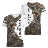 Duck Hunting Retriever Women V-Neck T-Shirt Mallard Shotgun Hunt with Camouflage Marsh Dog Artwork
