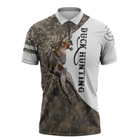 Duck Hunting Retriever Zipper Polo Shirt Mallard Shotgun Hunt with Camouflage Marsh Dog Artwork