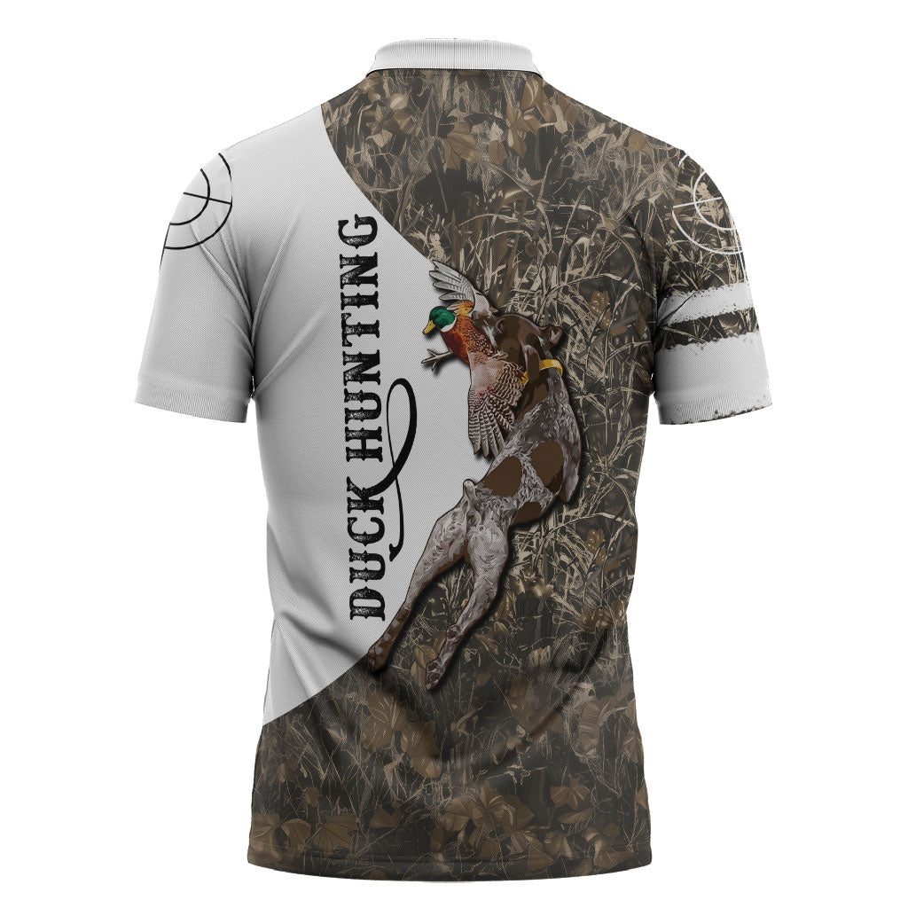 Duck Hunting Retriever Zipper Polo Shirt Mallard Shotgun Hunt with Camouflage Marsh Dog Artwork