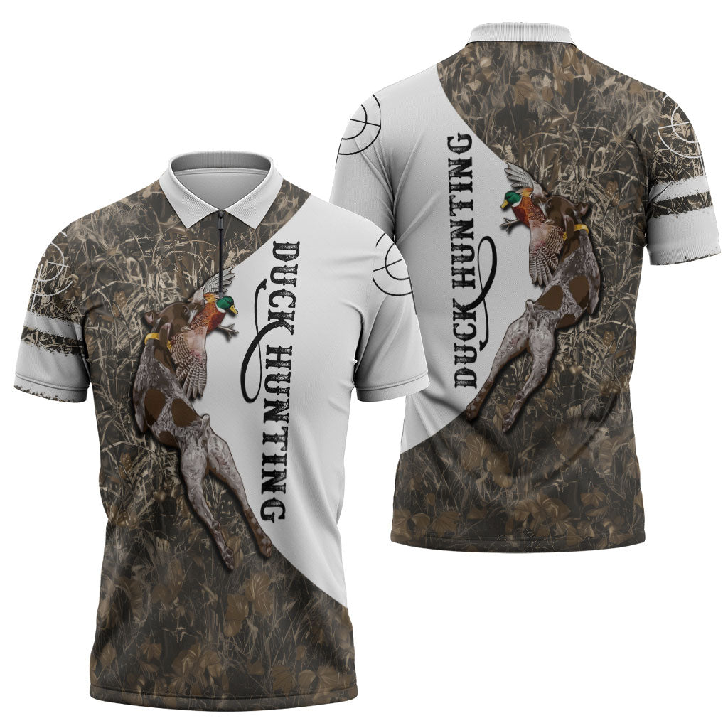 Duck Hunting Retriever Zipper Polo Shirt Mallard Shotgun Hunt with Camouflage Marsh Dog Artwork