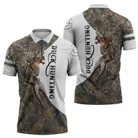 Duck Hunting Retriever Zipper Polo Shirt Mallard Shotgun Hunt with Camouflage Marsh Dog Artwork