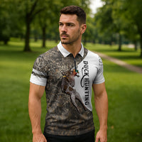 Duck Hunting Retriever Zipper Polo Shirt Mallard Shotgun Hunt with Camouflage Marsh Dog Artwork