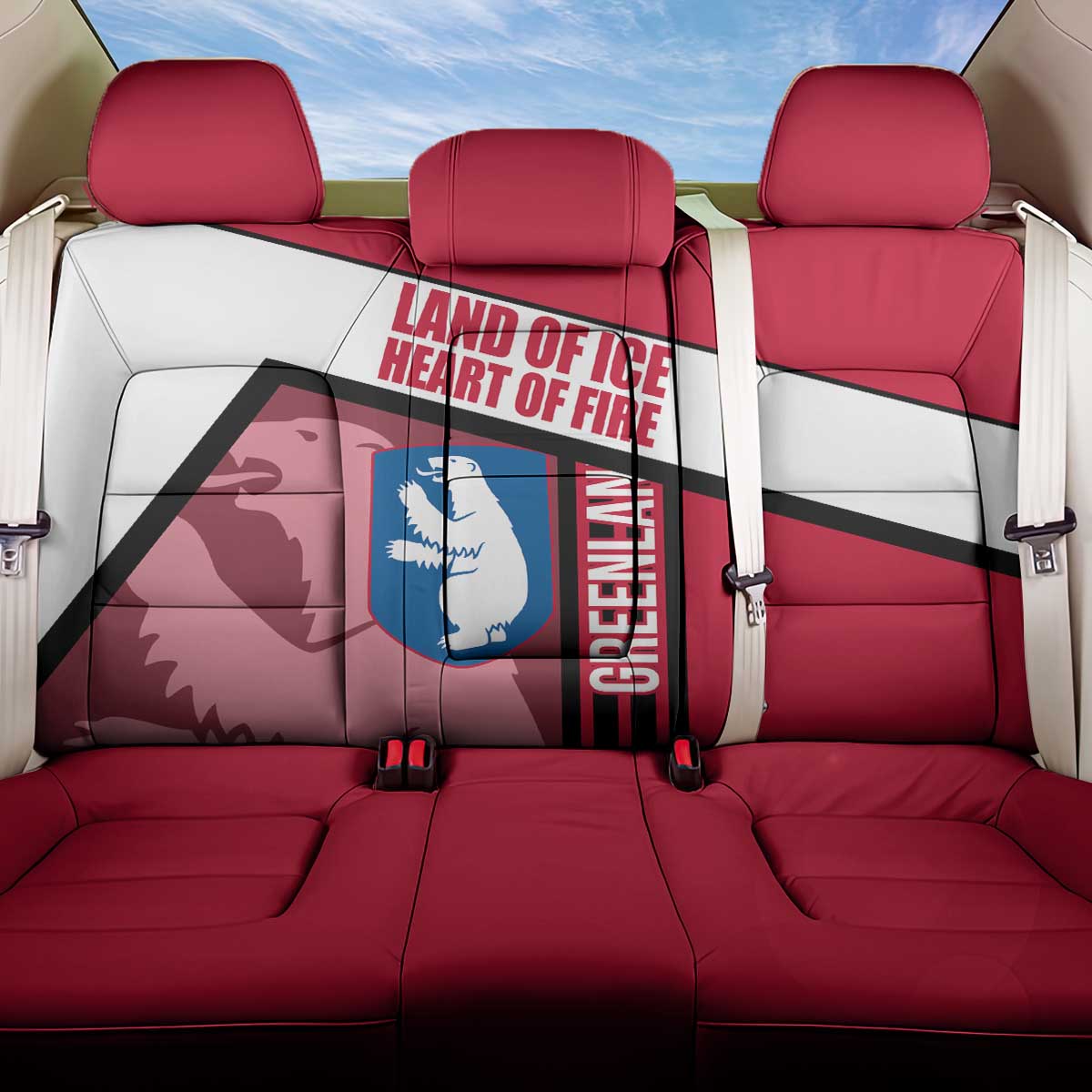 Greenland Back Car Seat Cover with Polar Bear Emblem and Land of Ice Heart of Fire Text Design