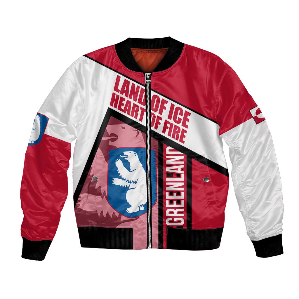 Greenland Bomber Jacket with Polar Bear Emblem and Land of Ice Heart of Fire Text Design