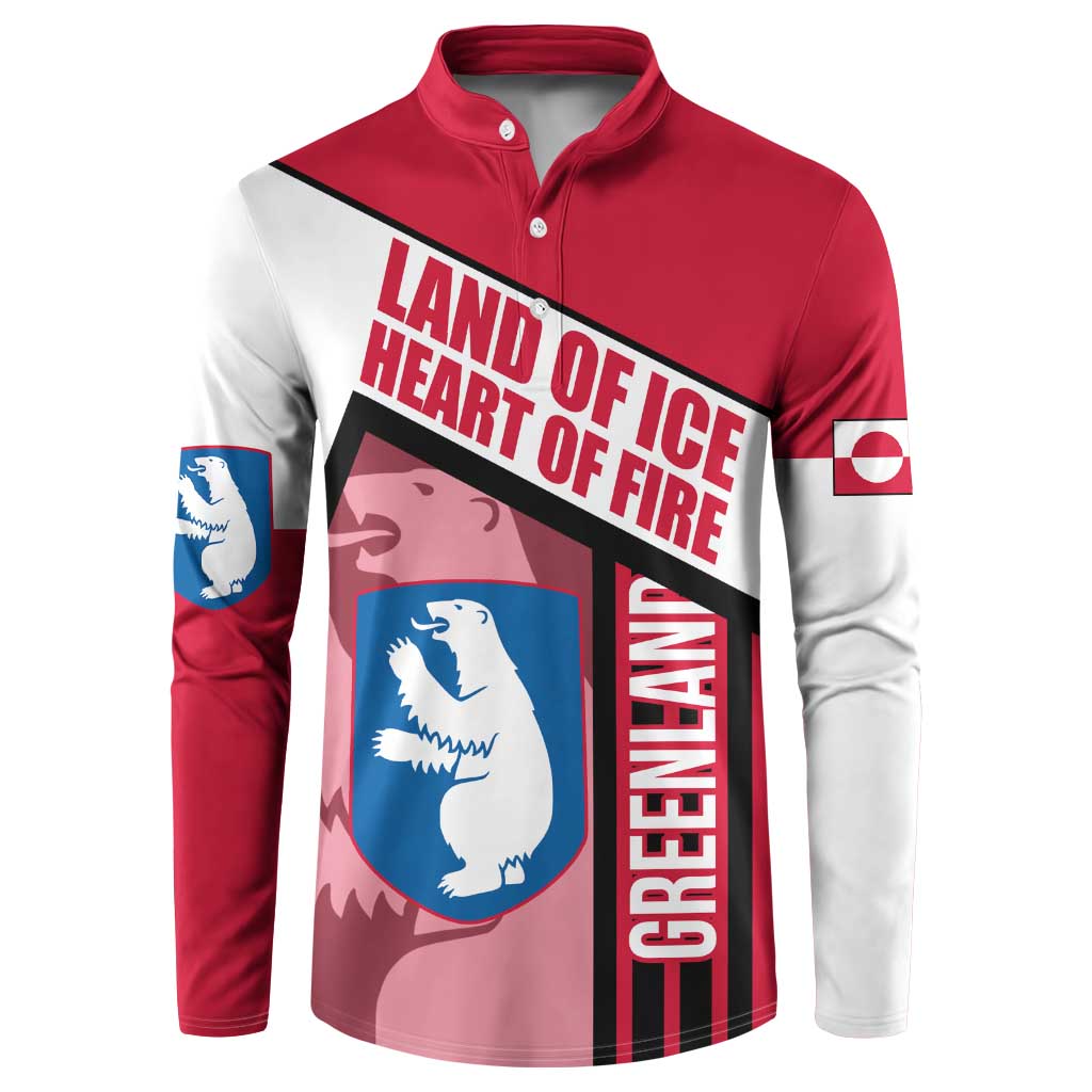 Greenland Button Sweatshirt with Polar Bear Emblem and Land of Ice Heart of Fire Text Design