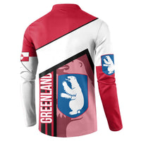 Greenland Button Sweatshirt with Polar Bear Emblem and Land of Ice Heart of Fire Text Design