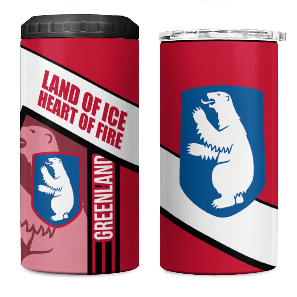 Greenland 4 in 1 Can Cooler Tumbler with Polar Bear Emblem and Land of Ice Heart of Fire Text Design