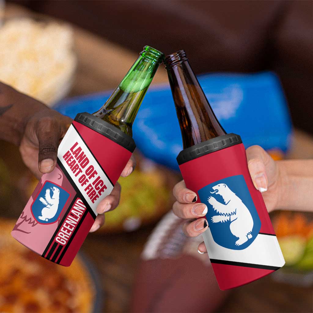 Greenland 4 in 1 Can Cooler Tumbler with Polar Bear Emblem and Land of Ice Heart of Fire Text Design