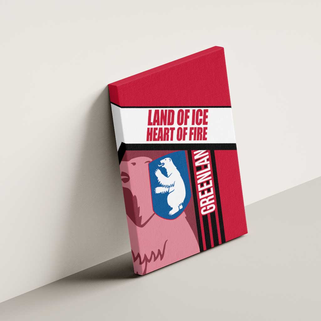 Greenland Canvas Wall Art with Polar Bear Emblem and Land of Ice Heart of Fire Text Design