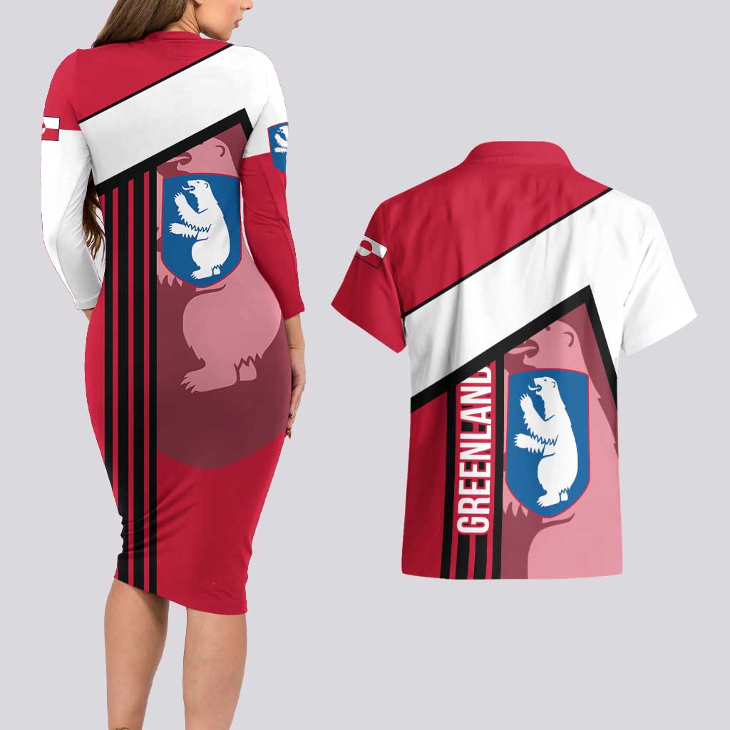 Greenland Couples Matching Long Sleeve Bodycon Dress and Hawaiian Shirt with Polar Bear Emblem and Land of Ice Heart of Fire Text Design