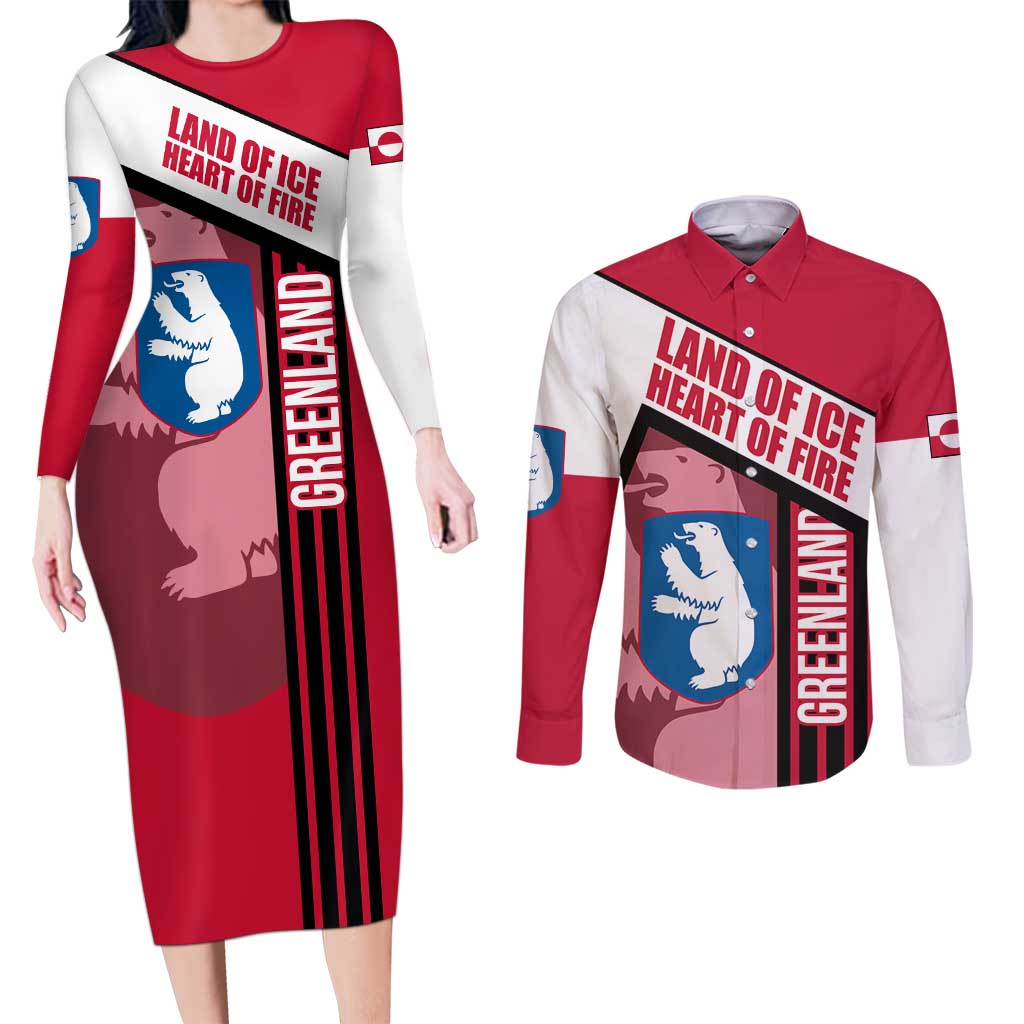 Greenland Couples Matching Long Sleeve Bodycon Dress and Long Sleeve Button Shirt with Polar Bear Emblem and Land of Ice Heart of Fire Text Design