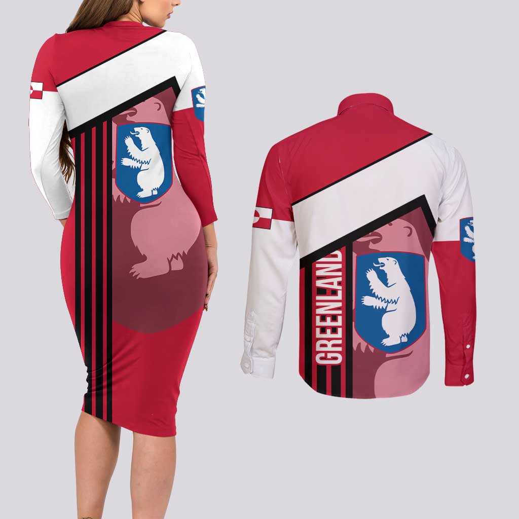 Greenland Couples Matching Long Sleeve Bodycon Dress and Long Sleeve Button Shirt with Polar Bear Emblem and Land of Ice Heart of Fire Text Design