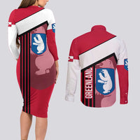 Greenland Couples Matching Long Sleeve Bodycon Dress and Long Sleeve Button Shirt with Polar Bear Emblem and Land of Ice Heart of Fire Text Design