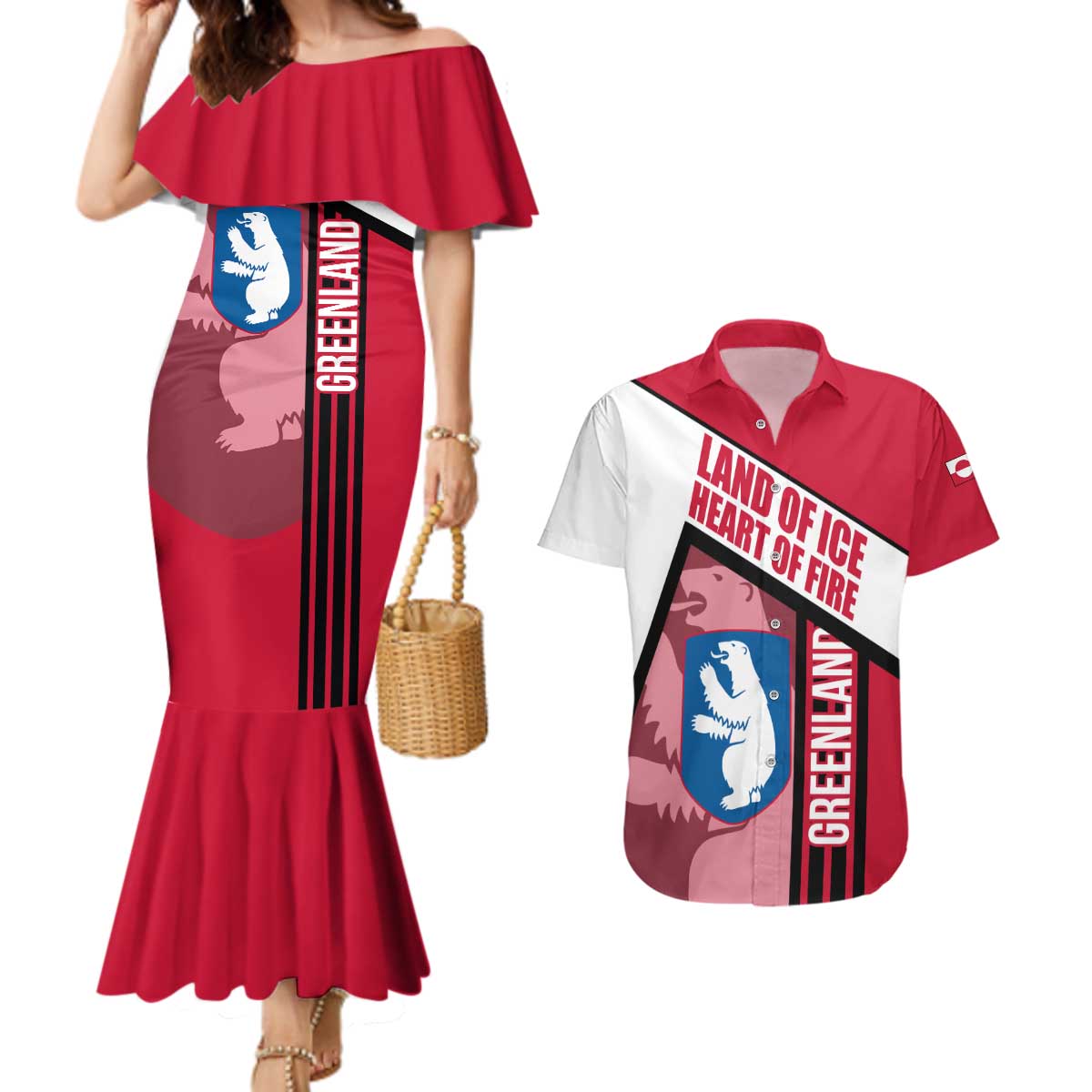 Greenland Couples Matching Mermaid Dress and Hawaiian Shirt with Polar Bear Emblem and Land of Ice Heart of Fire Text Design