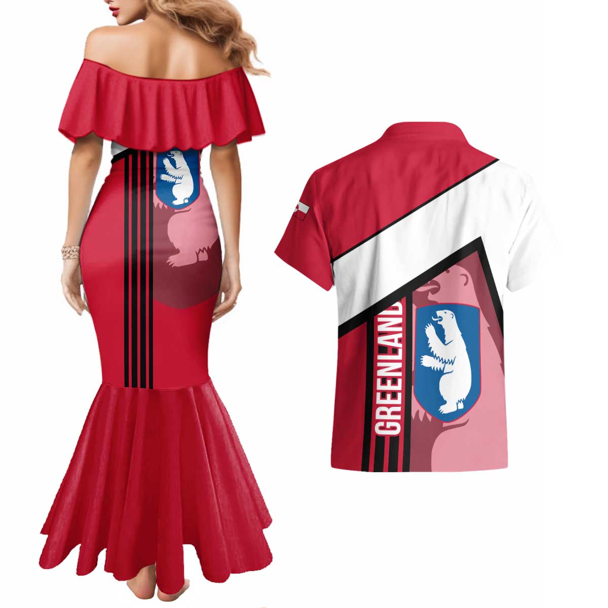 Greenland Couples Matching Mermaid Dress and Hawaiian Shirt with Polar Bear Emblem and Land of Ice Heart of Fire Text Design