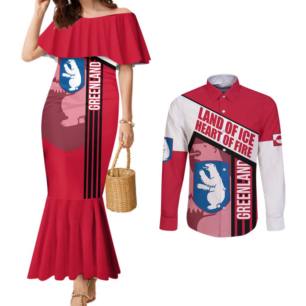 Greenland Couples Matching Mermaid Dress and Long Sleeve Button Shirt with Polar Bear Emblem and Land of Ice Heart of Fire Text Design