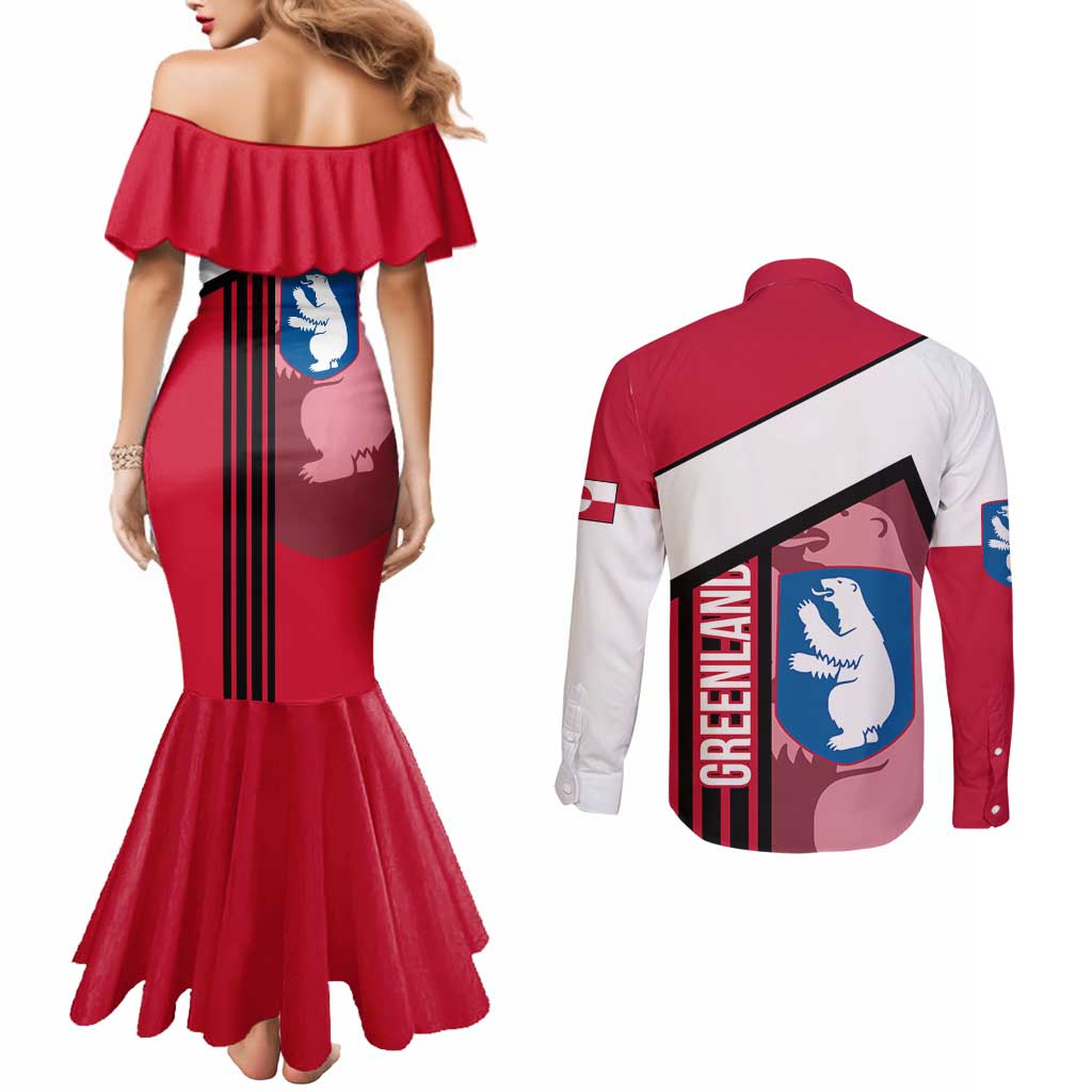 Greenland Couples Matching Mermaid Dress and Long Sleeve Button Shirt with Polar Bear Emblem and Land of Ice Heart of Fire Text Design