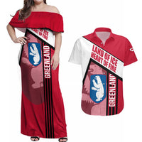Greenland Couples Matching Off Shoulder Maxi Dress and Hawaiian Shirt with Polar Bear Emblem and Land of Ice Heart of Fire Text Design