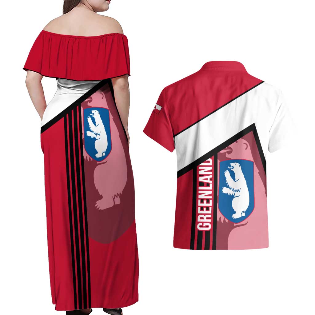 Greenland Couples Matching Off Shoulder Maxi Dress and Hawaiian Shirt with Polar Bear Emblem and Land of Ice Heart of Fire Text Design