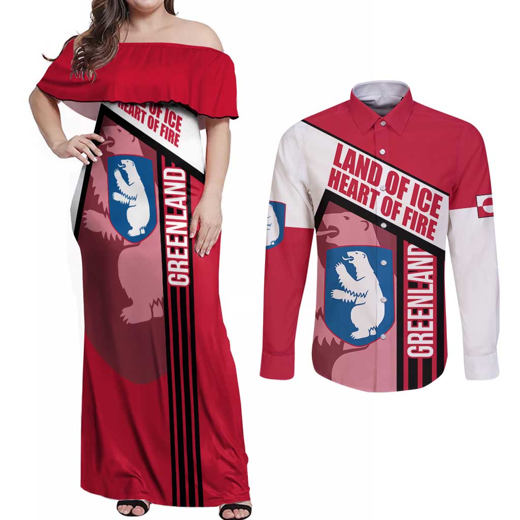 Greenland Couples Matching Off Shoulder Maxi Dress and Long Sleeve Button Shirt with Polar Bear Emblem and Land of Ice Heart of Fire Text Design