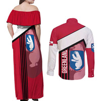 Greenland Couples Matching Off Shoulder Maxi Dress and Long Sleeve Button Shirt with Polar Bear Emblem and Land of Ice Heart of Fire Text Design