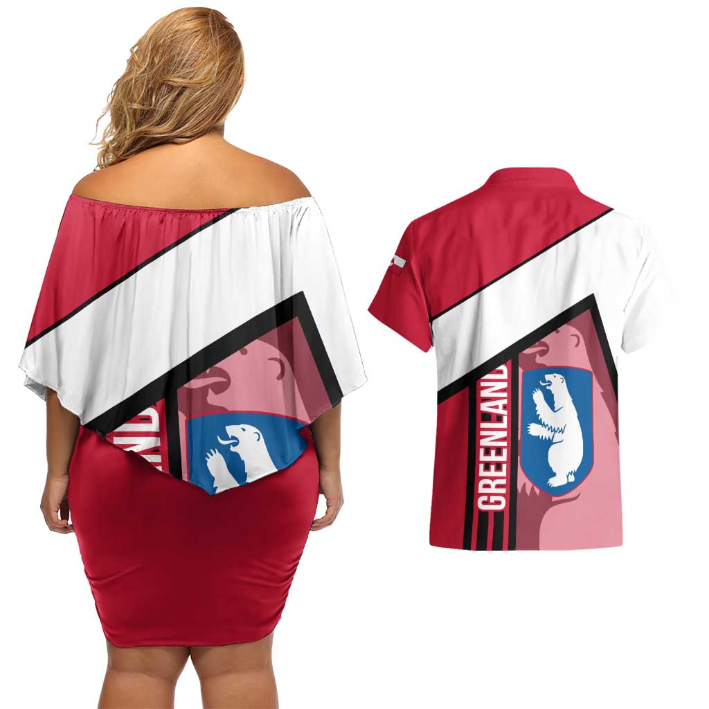 Greenland Couples Matching Off Shoulder Short Dress and Hawaiian Shirt with Polar Bear Emblem and Land of Ice Heart of Fire Text Design