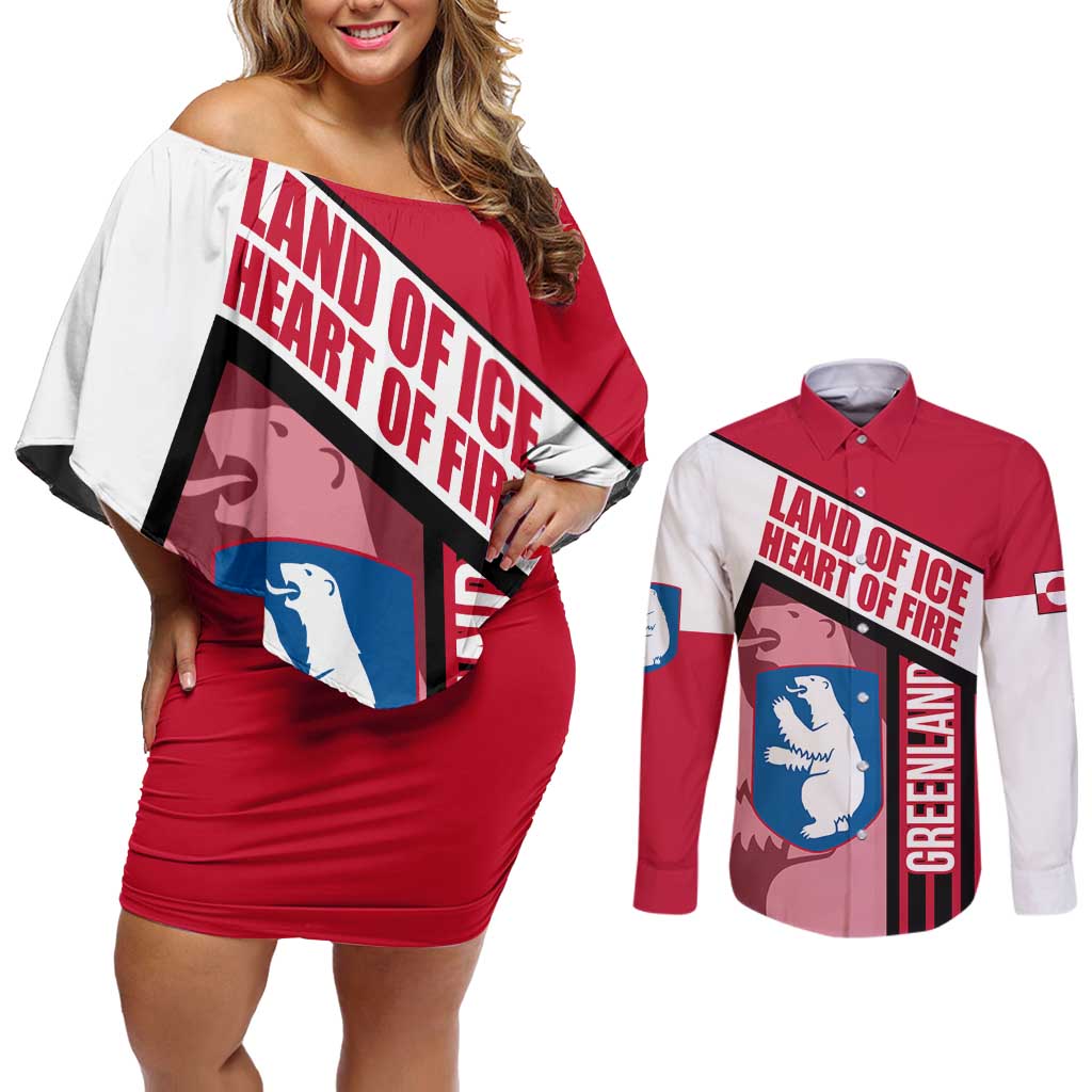 Greenland Couples Matching Off Shoulder Short Dress and Long Sleeve Button Shirt with Polar Bear Emblem and Land of Ice Heart of Fire Text Design