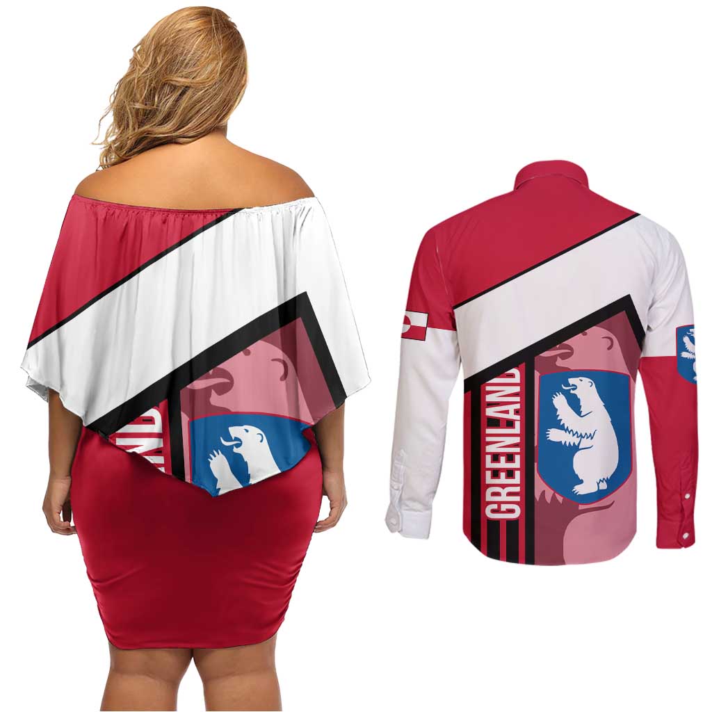 Greenland Couples Matching Off Shoulder Short Dress and Long Sleeve Button Shirt with Polar Bear Emblem and Land of Ice Heart of Fire Text Design