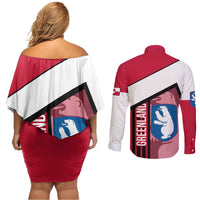 Greenland Couples Matching Off Shoulder Short Dress and Long Sleeve Button Shirt with Polar Bear Emblem and Land of Ice Heart of Fire Text Design
