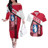 Greenland Couples Matching Off The Shoulder Long Sleeve Dress and Hawaiian Shirt with Polar Bear Emblem and Land of Ice Heart of Fire Text Design