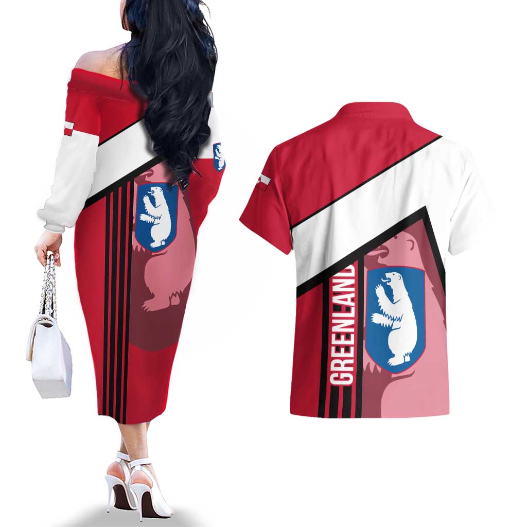 Greenland Couples Matching Off The Shoulder Long Sleeve Dress and Hawaiian Shirt with Polar Bear Emblem and Land of Ice Heart of Fire Text Design