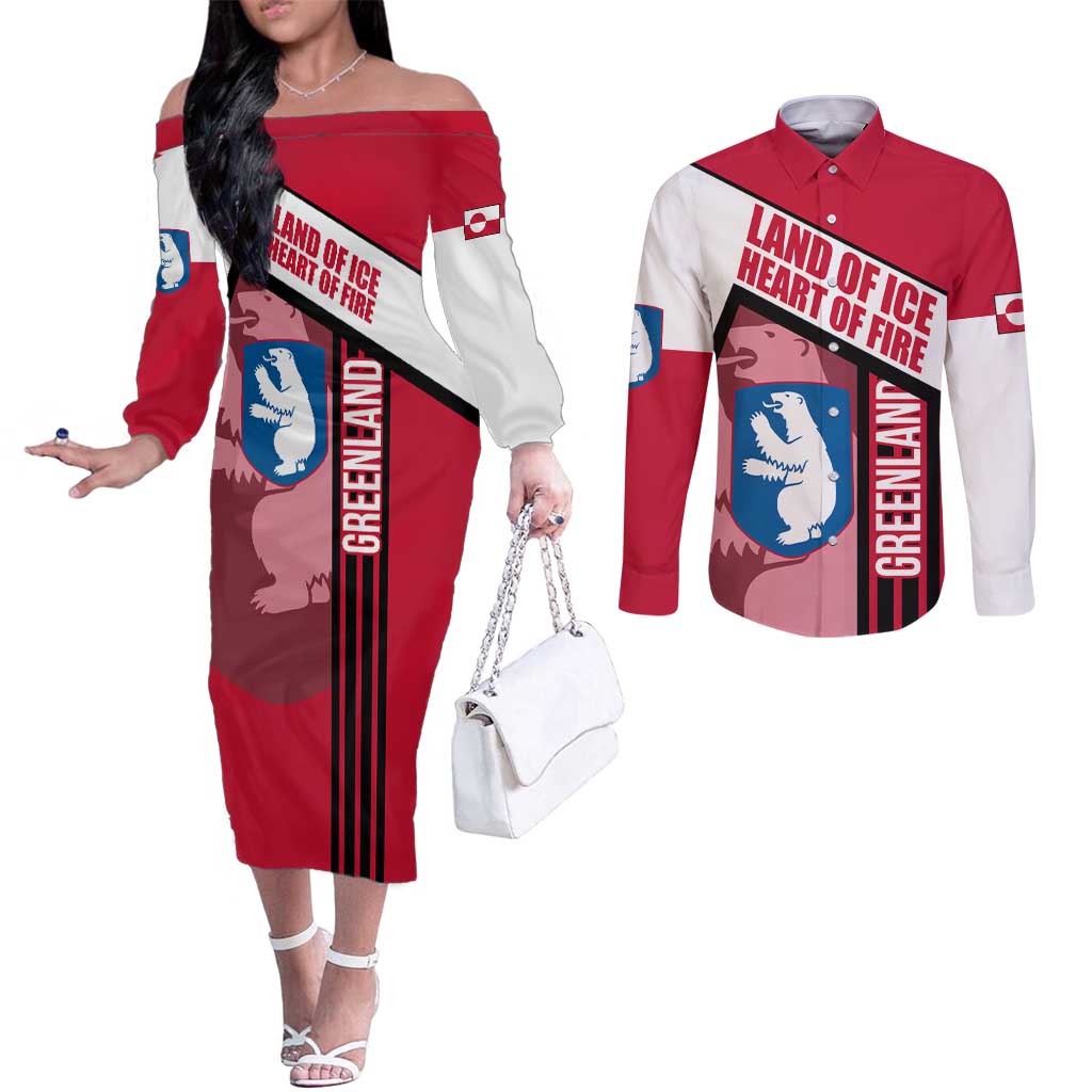 Greenland Couples Matching Off The Shoulder Long Sleeve Dress and Long Sleeve Button Shirt with Polar Bear Emblem and Land of Ice Heart of Fire Text Design
