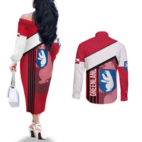Greenland Couples Matching Off The Shoulder Long Sleeve Dress and Long Sleeve Button Shirt with Polar Bear Emblem and Land of Ice Heart of Fire Text Design