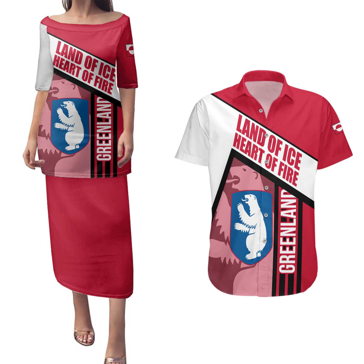 Greenland Couples Matching Puletasi and Hawaiian Shirt with Polar Bear Emblem and Land of Ice Heart of Fire Text Design