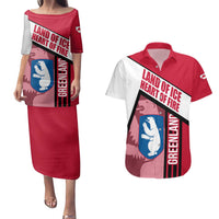 Greenland Couples Matching Puletasi and Hawaiian Shirt with Polar Bear Emblem and Land of Ice Heart of Fire Text Design