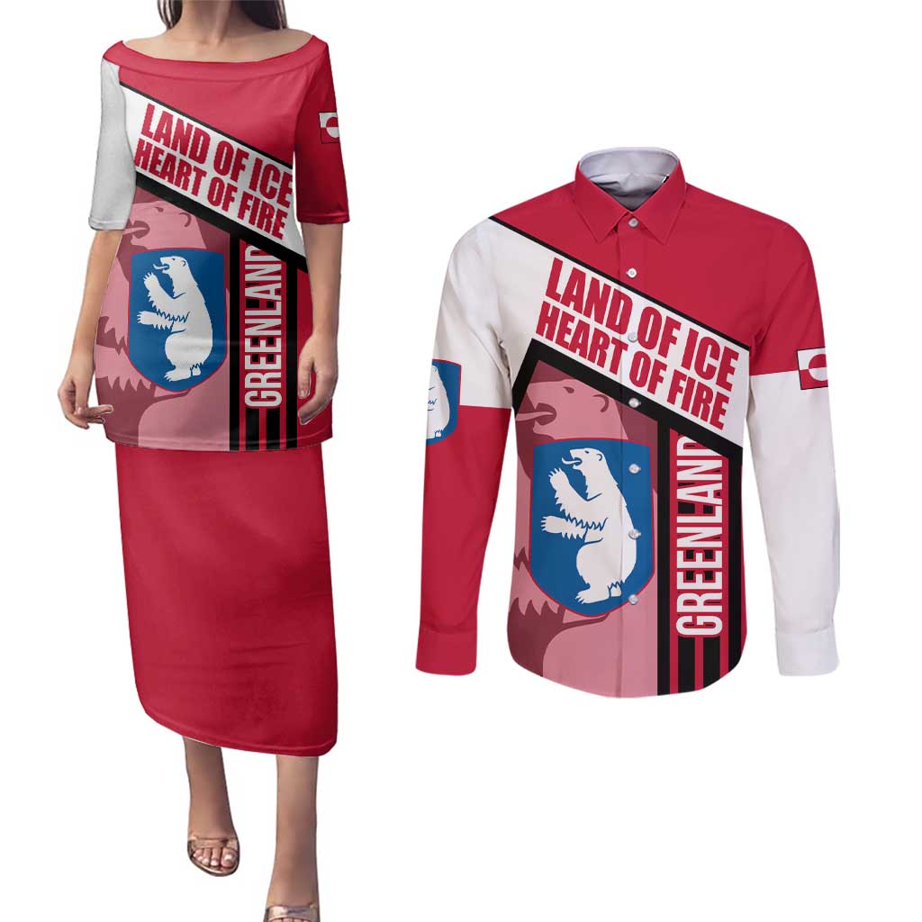 Greenland Couples Matching Puletasi and Long Sleeve Button Shirt with Polar Bear Emblem and Land of Ice Heart of Fire Text Design