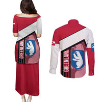 Greenland Couples Matching Puletasi and Long Sleeve Button Shirt with Polar Bear Emblem and Land of Ice Heart of Fire Text Design