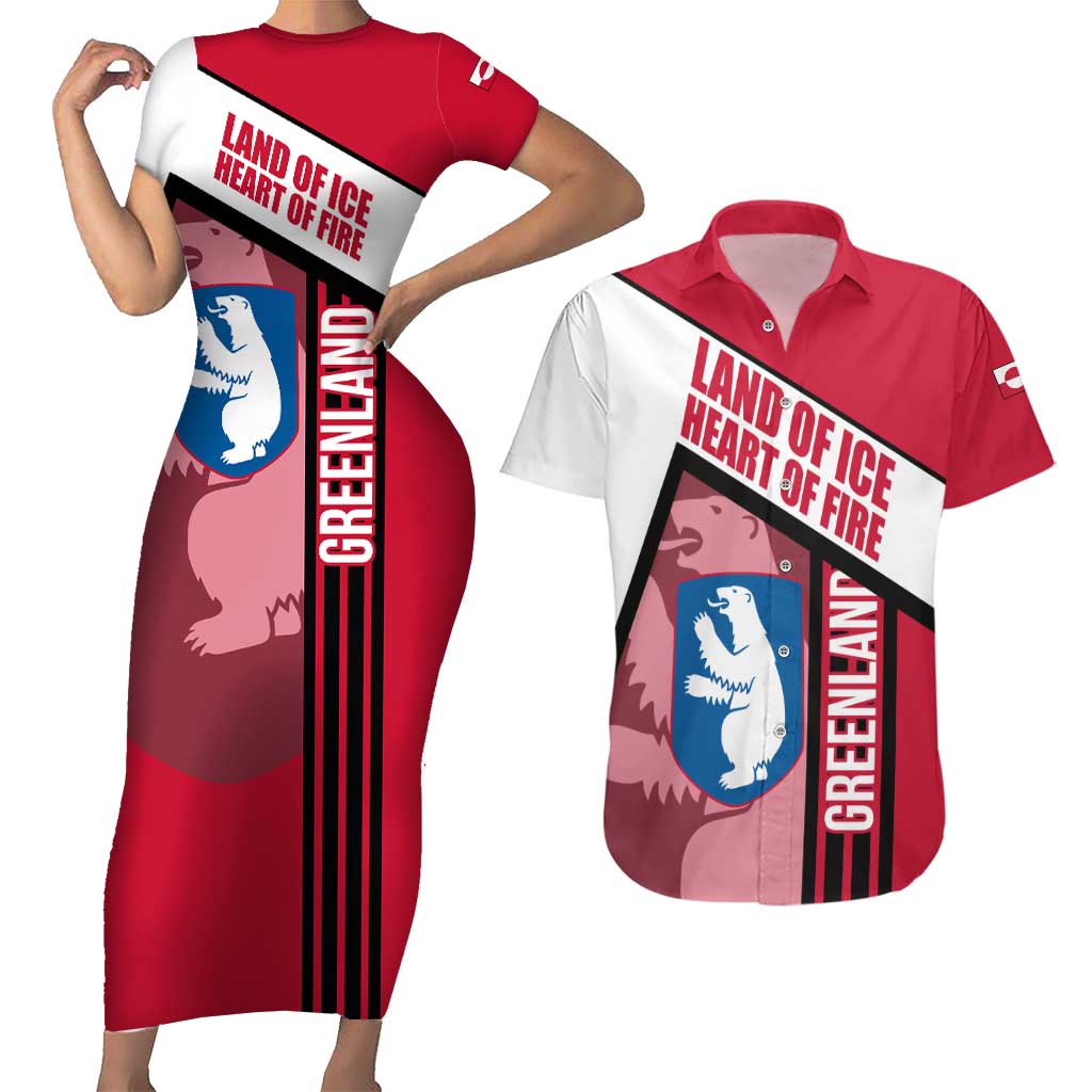 Greenland Couples Matching Short Sleeve Bodycon Dress and Hawaiian Shirt with Polar Bear Emblem and Land of Ice Heart of Fire Text Design