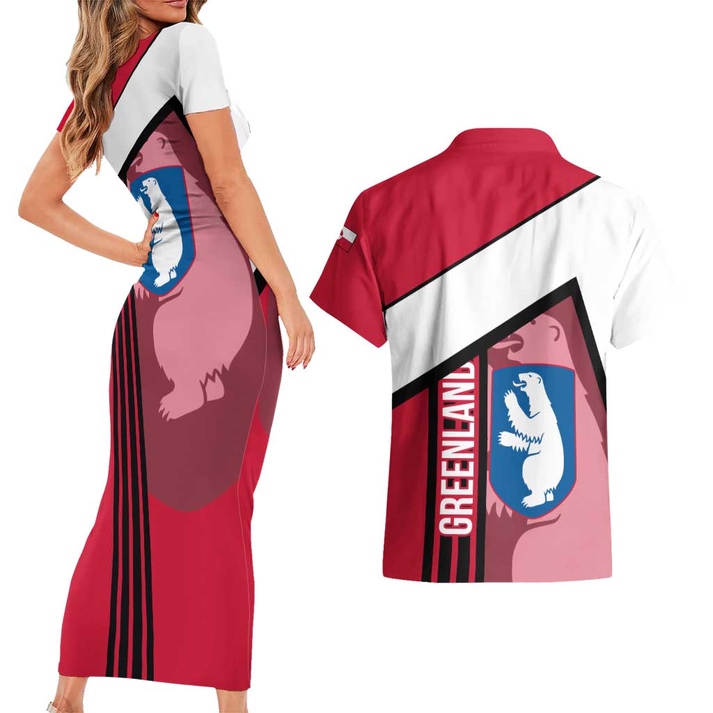 Greenland Couples Matching Short Sleeve Bodycon Dress and Hawaiian Shirt with Polar Bear Emblem and Land of Ice Heart of Fire Text Design