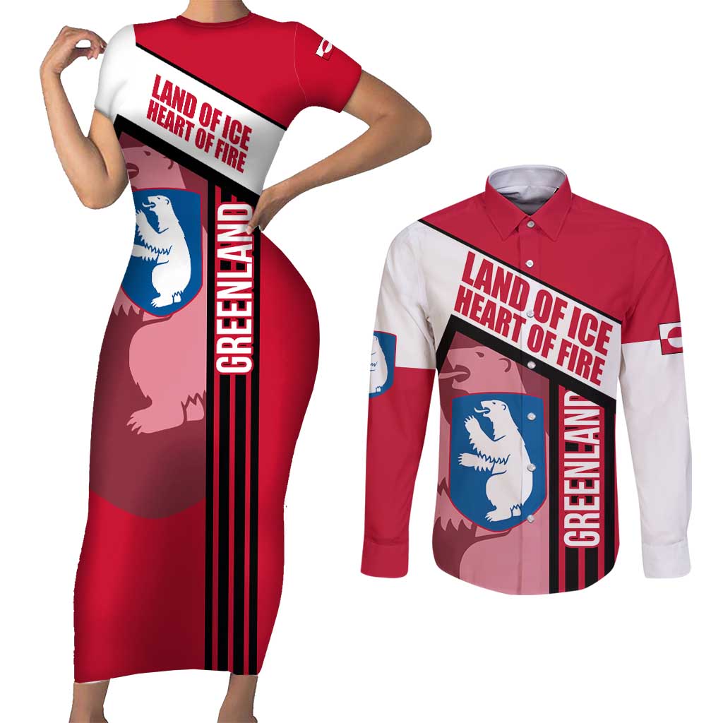 Greenland Couples Matching Short Sleeve Bodycon Dress and Long Sleeve Button Shirt with Polar Bear Emblem and Land of Ice Heart of Fire Text Design