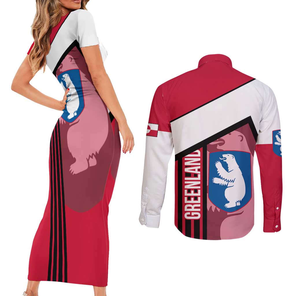 Greenland Couples Matching Short Sleeve Bodycon Dress and Long Sleeve Button Shirt with Polar Bear Emblem and Land of Ice Heart of Fire Text Design