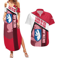 Greenland Couples Matching Summer Maxi Dress and Hawaiian Shirt with Polar Bear Emblem and Land of Ice Heart of Fire Text Design
