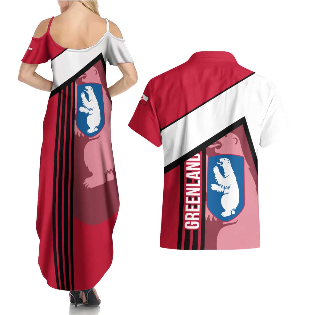 Greenland Couples Matching Summer Maxi Dress and Hawaiian Shirt with Polar Bear Emblem and Land of Ice Heart of Fire Text Design